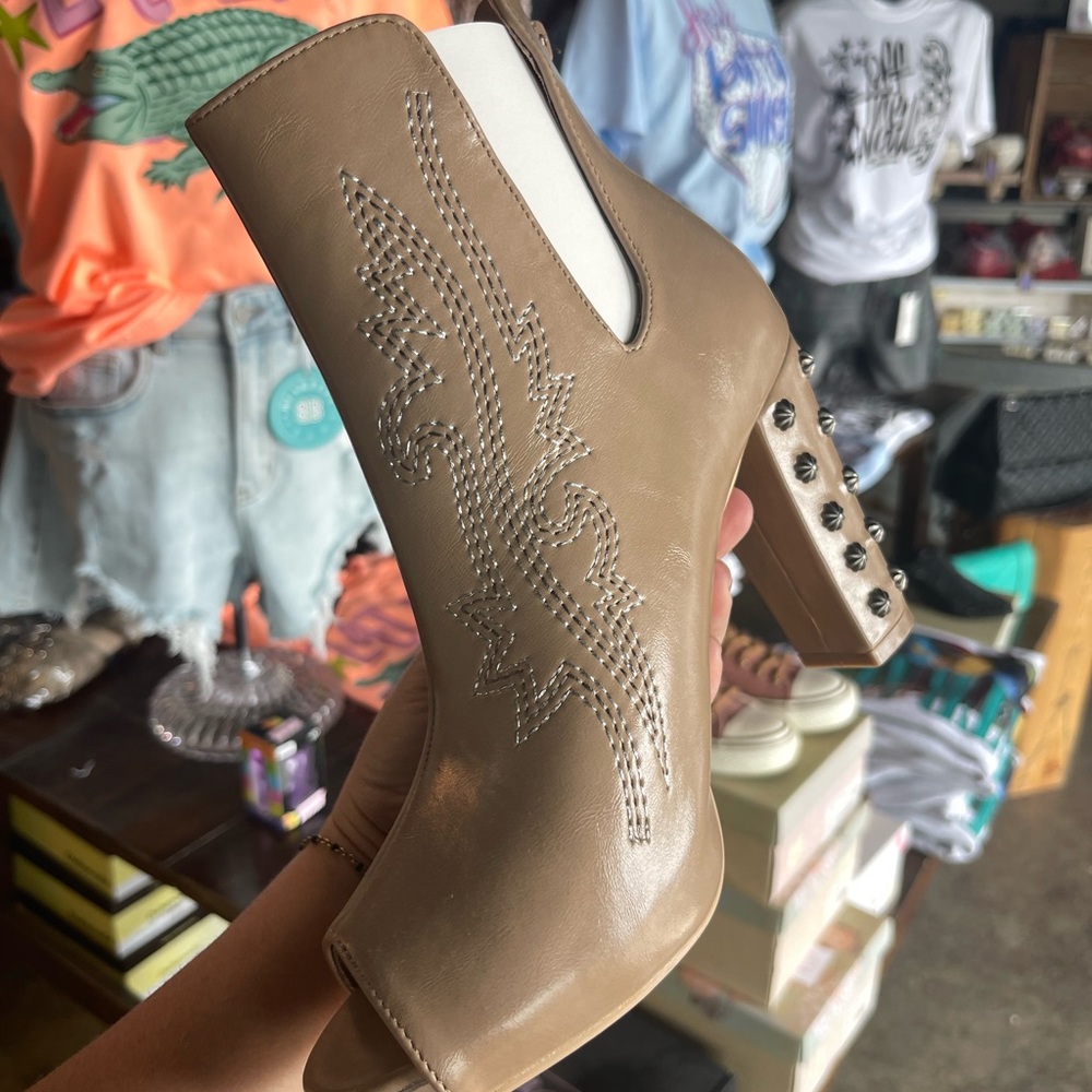 Studded Tan Peep-Toe Ankle Bootie with Embroidered Detail